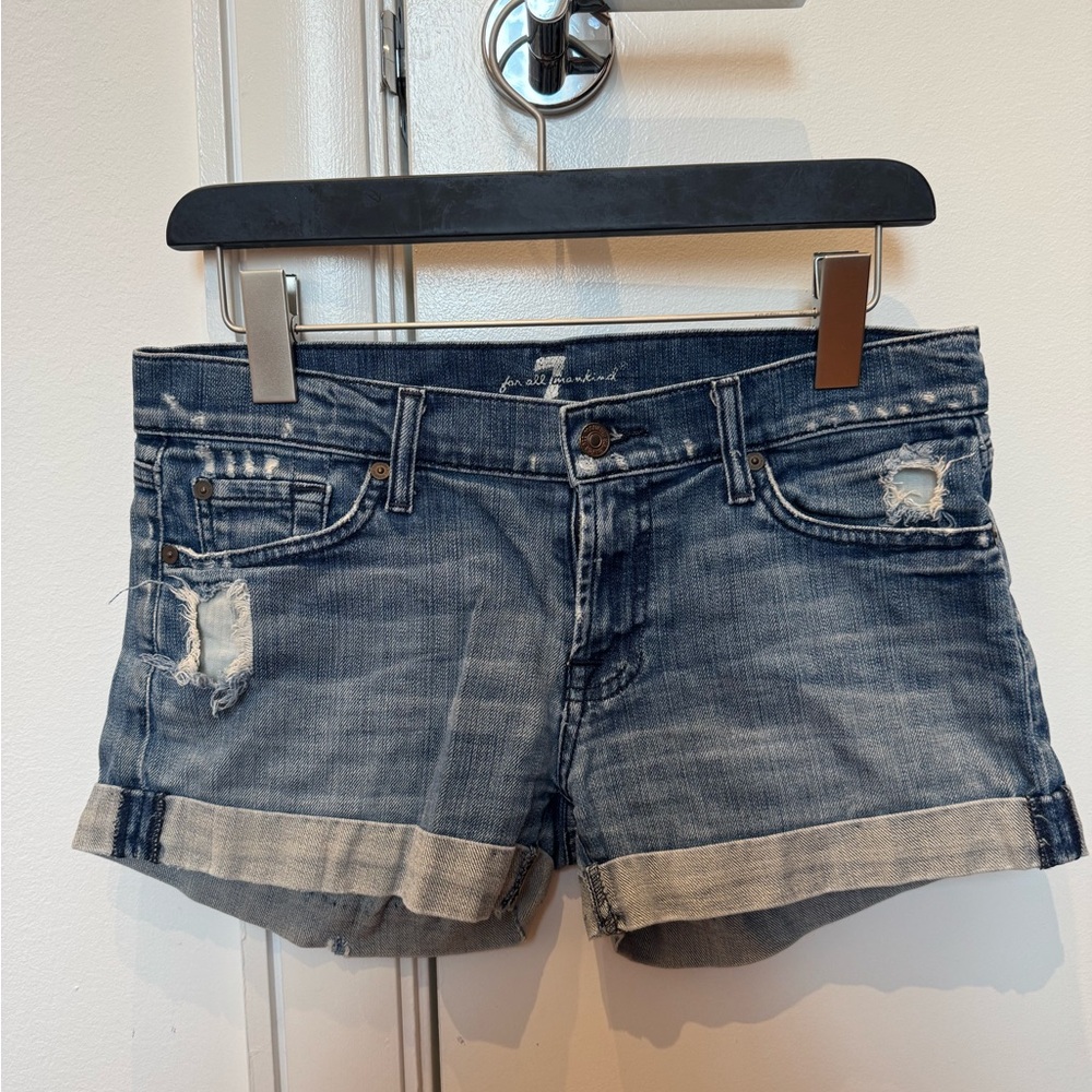 7 For All Mankind Blue Low Rise Jean Shorts
